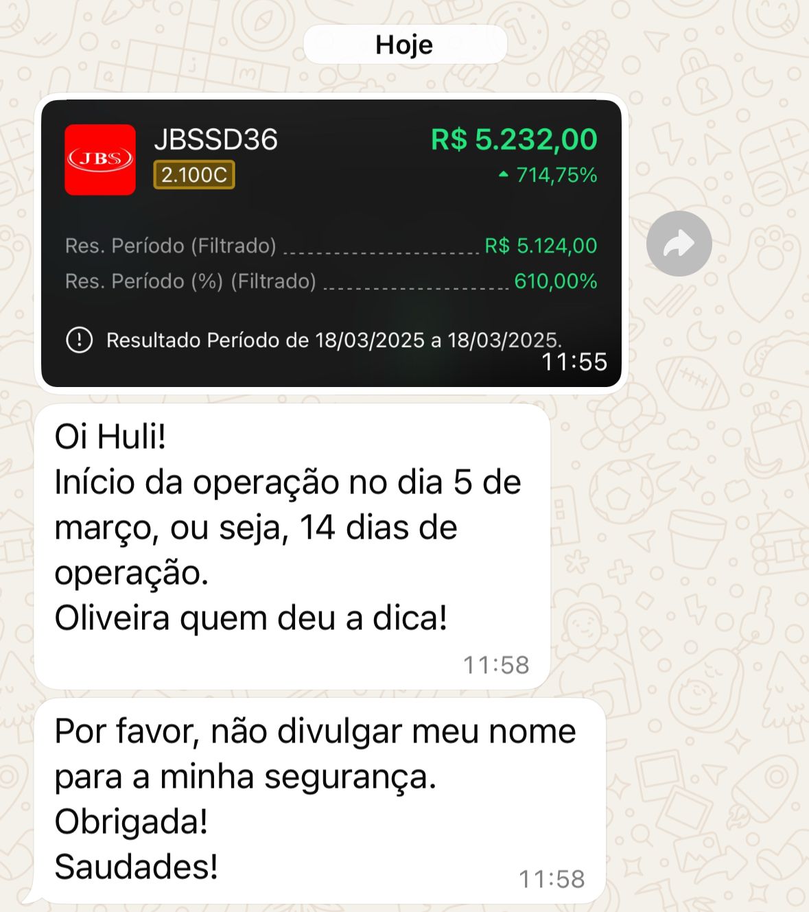 Resultado de aluno do ecossistema Tio Huli em opções